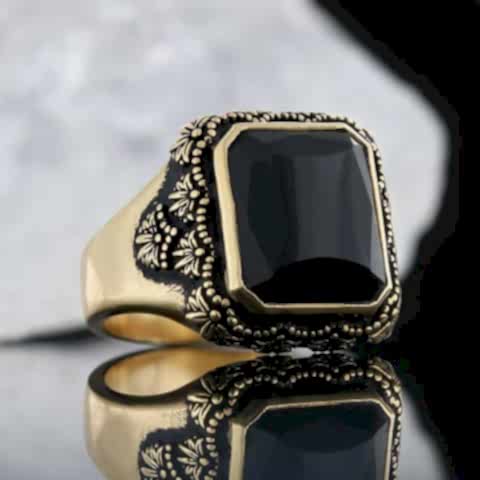 Kare Doğal Oniks Taşlı Desenli Gümüş Yüzük, Gümüş Erkek Oniks Yüzük, Siyah Akik Yüzük