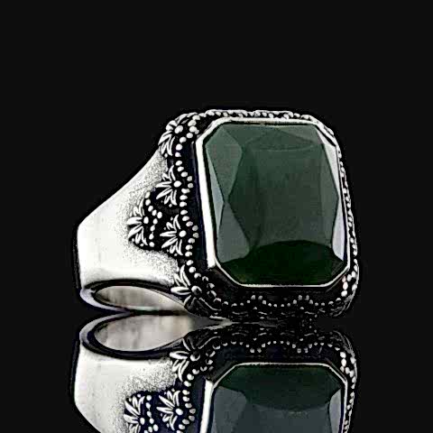 Kare Doğal Yeşim Taşlı Desenli Gümüş Yüzük, Gümüş Erkek Yeşim Taşlı Yüzük