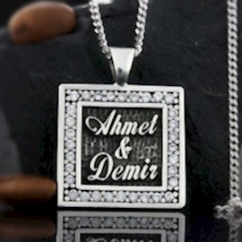 Kare Taşlı Gümüş İki İsimli Kolye