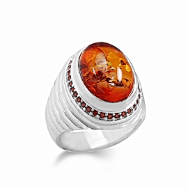 Kehribar Taşlı Erkek Gümüş Yüzük