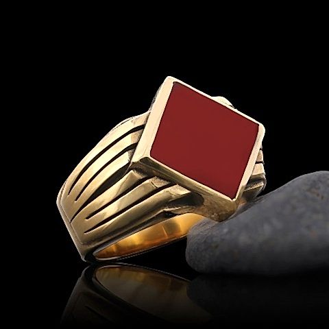 Kırmızı Akik Erkek Yüzük, Kırmızı Akik Taşlı 925 Ayar Gümüş Yüzük, Kırmızı Akik Yüzük