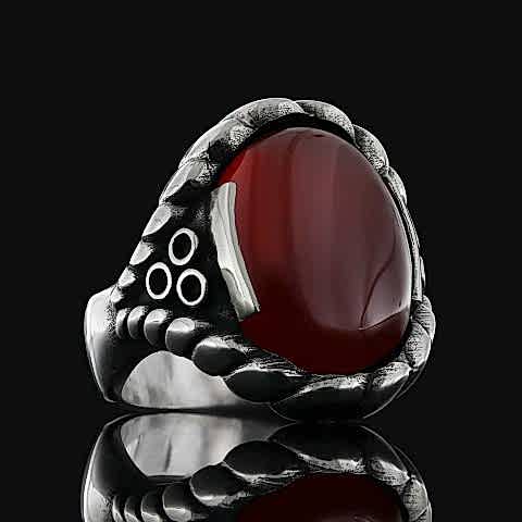 Kırmızı Akik Gümüş Yüzük, Doğal Büyük Taşlı El Yapımı Gümüş Kırmızı Akik Yüzük