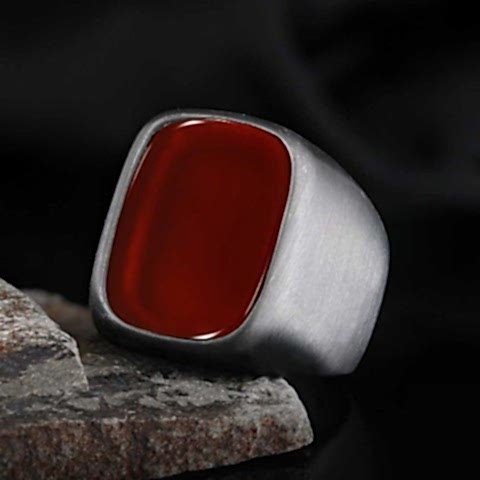 Kırmızı Akik Taşı Yüzük Gümüş Erkek