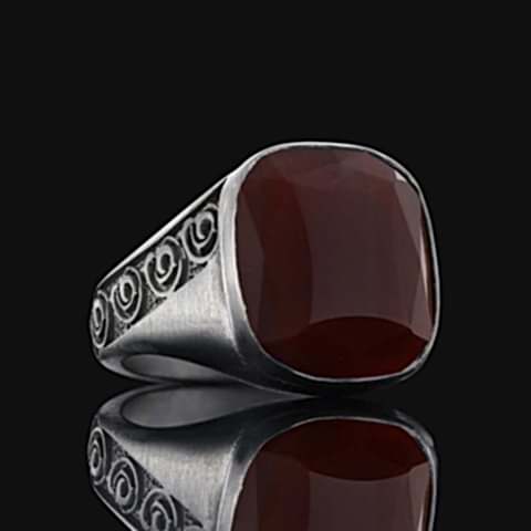 Kırmızı Akik Taşılı Gümüş Erkek Yüzük, El Yapımız Akik Gümüş Yüzük