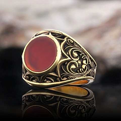 Kırmızı Akik Taşlı 925 Ayar Gümüş Yüzük, Kırmızı Akik Yüzük, Gümüş Erkek Kırmızı Akik Yüzük