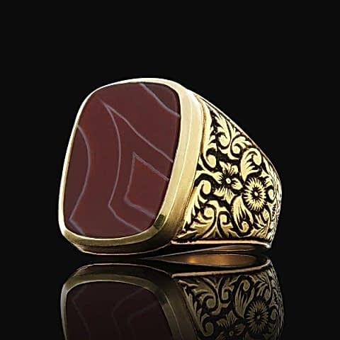 Kırmızı Akik Taşlı Motifli Erkek Gümüş Yüzük, Kırmızı Akik Yüzük