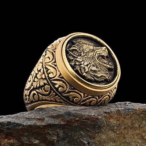 Kurt Erkek Yüzük, Özel Tasarım Yanları Motifli Kurt Yüzük, Gümüş Kurt Yüzük