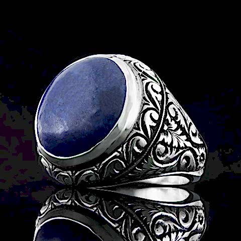Lapis Taşlı Yüzük, Kişiye Özel Taşlı Kalem İşlemeli Lapis Taşlı Gümüş Yüzük