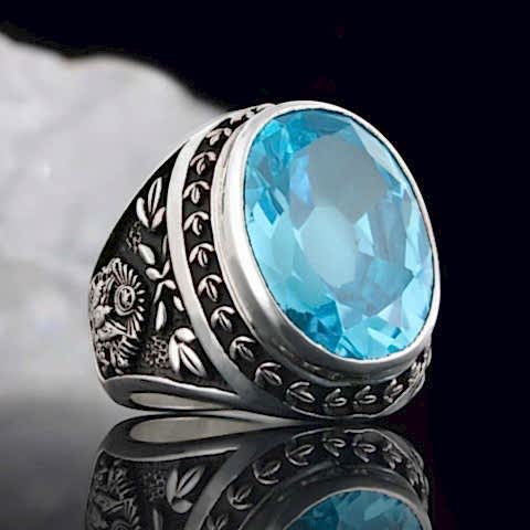 Light Blue Spinel Taşlı Tuğralı Devlet Armalı Gümüş Yüzük