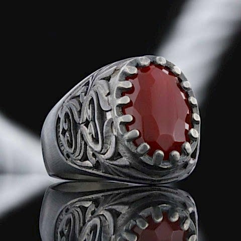 Modern Tasarım Kırmızı Akik Gümüş Yüzük, Zarif Kırmızı Akik Taşıyla Tasarlanmış Gümüş Yüzük
