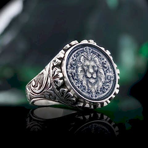Motifli 925 Ayar Gümüş Aslan Yüzük, Aslan Erkek Yüzük, Aslan Erkek Yüzük