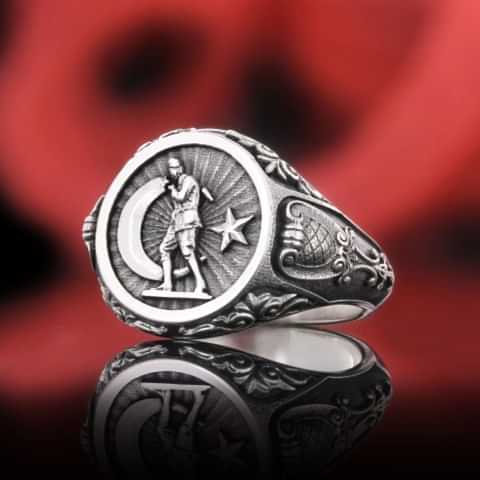 Motifli Ay Yıldızlı Atatürk Gümüş Yüzük