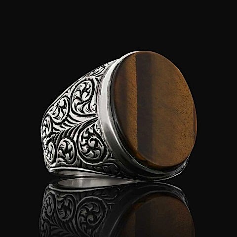 Motifli Kaplan Gözü Taşlı Erkek Gümüş Yüzük, Kaplan Gözü Gümüş Yüzük