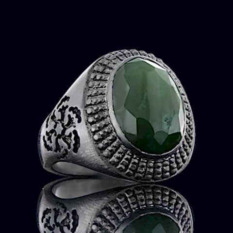 Motifli Yeşim Taşlı 925 Ayar Gümüş Erkek Yüzük, Yeşim Taşlı Yüzük