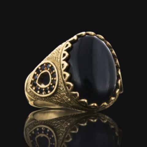 Oniks Doğal Taşlı 925 Ayar Oval Gümüş Erkek Yüzük, Siyah Akik Yüzük