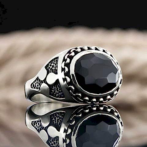 Oniks Doğal Taşlı Gümüş Erkek Yüzük, Oniks Erkek Gümüş Yüzük, Siyah Akik Yüzük