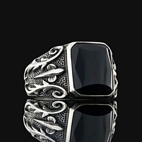 Oniks Doğal Taşlı Gümüş Yüzük, Erkek Oniks Yüzük, Oniks Gümüş Yüzük, Siyah Akik Yüzük