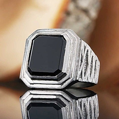Oniks Gümüş Yüzük, Özel Tasarım El Yapımı Motifli Oniks Gümüş Yüzük, Siyah Akik Yüzük