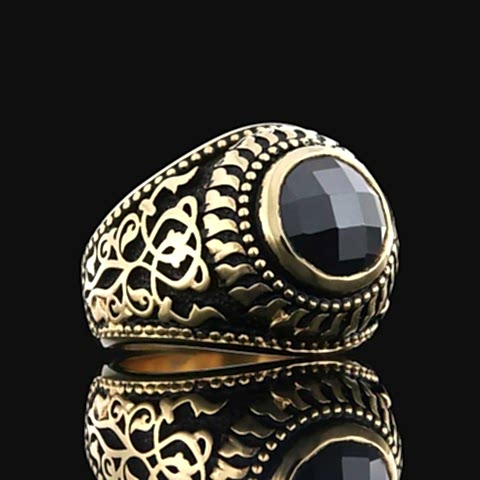 Oniks Taşlı El Yapımı Özel Tasarım Motifli Erkek Gümüş Yüzük, Siyah Akik Yüzük