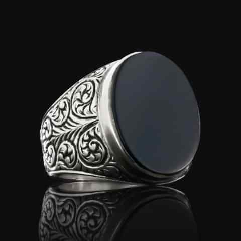 Oniks Taşlı Erkek Gümüş Motifli Yüzük, Oniks Taşlı Özel Tasarım Gümüş Yüzük