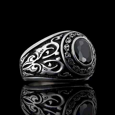 Oniks Taşlı Gümüş Motifli Erkek Yüzük, Oniks Erkek Yüzük, Siyah Akik Yüzük