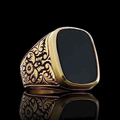 Oniks Taşlı Motifli Erkek Gümüş Yüzük, Oniks Yüzük, Siyah Akik Yüzük