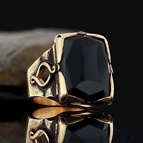 Oniks Taşlı Özel Tasarım Motifli Gümüş Erkek Yüzük, Oniks Gümüş Yüzük, Siyah Akik Yüzük