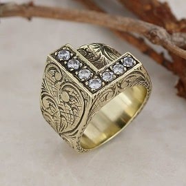 Özel Tasarım El Yapımı Monogram Taşlı L Harfili Yüzük