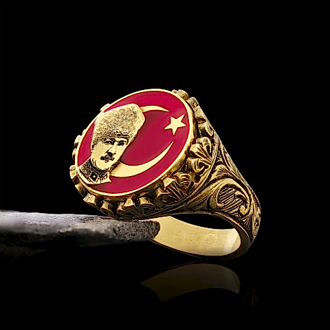Özel Tasarım Gümüş&nbsp;Motifli Ay yıldız Atatürk Yüzük, Atatürk Erkek Yüzük, 925 Ayar Gümüş Ay yıldız Atatürk Erkek Yüzük