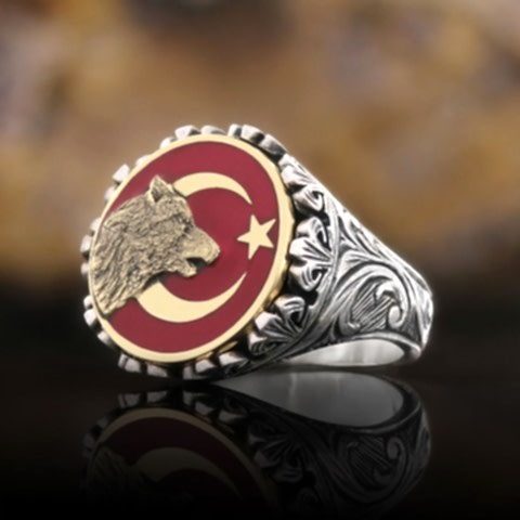 Özel Tasarım Gümüş&nbsp;Motifli Ay yıldız Bozkurt Yüzük, Alfa Kurt Erkek Yüzük, 925 Ayar Gümüş Ay yıldız Bozkurt Erkek Yüzük