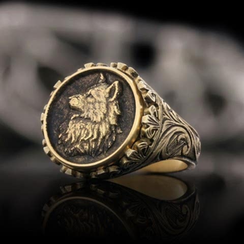 Özel Tasarım Gümüş Motifli Bozkurt Yüzük, Alfa Kurt Erkek Yüzük, 925 Ayar Gümüş Bozkurt Erkek Yüzük