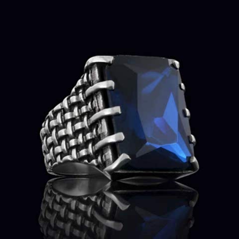 Özel Tasarım Safir Taşlı  Gümüş Erkek Yüzük, Safir Taşlı Yüzük