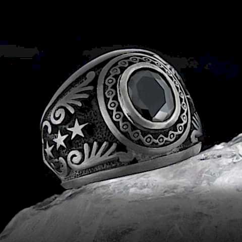 Özel Tasarım Oniks Taşlı Motifli 925 Ayar Taşlı Erkek Gümüş Yüzük