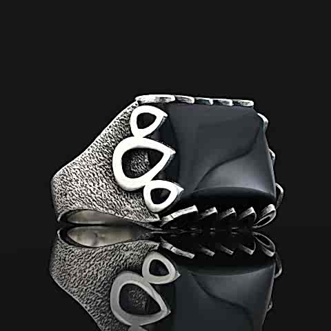 Özel Tasarım Oniks Taşlı Yüzük, Erkek Oniks Taşlı Gümüş Yüzük, Siyah Akik Yüzük