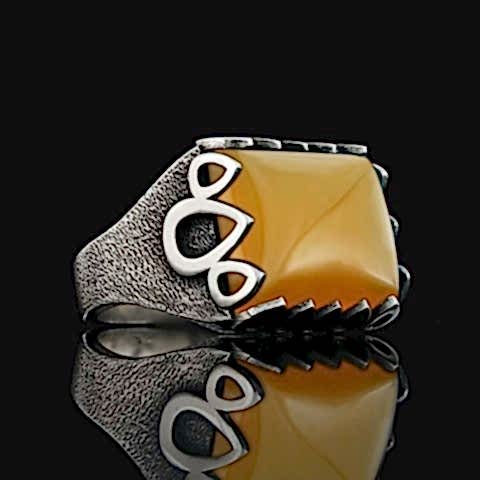 Özel Tasarım Sarı Akik Taşlı Yüzük, Erkek Sarı Akik Taşlı Gümüş Yüzük