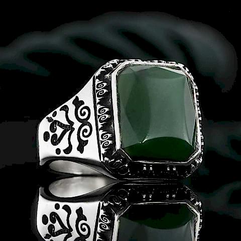 Özel Tasarım Yeşim Taşlı 925 Ayar Erkek Gümüş Yüzük