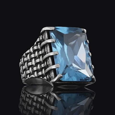 Özel Üretim Akuamarin Taşlı Gümüş Erkek Yüzük, Akuamarin Taşlı Yüzük