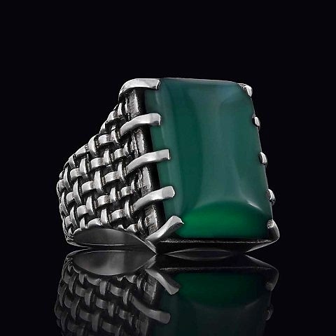 Özel Üretim Yeşil Akik Taşlı Gümüş Erkek Yüzük, Yeşil Akik Gümüş Yüzük