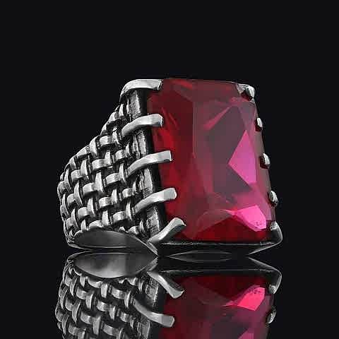 Ruby Taşlı Özel Tasarım Gümüş Erkek Yüzük, Ruby Taşlı Yüzük