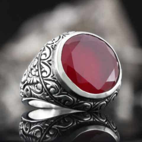 Ruby Taşlı Yüzük, Kişiye Özel Taşlı Kalem İşlemeli Ruby Taşlı Gümüş Yüzük
