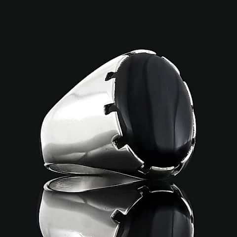 Sade Modern Tasarım Doğal Oniks Taşlı Gümüş Yüzük, Oniks Taşlı Oval Erkek Yüzük, Siyah Akik Yüzük