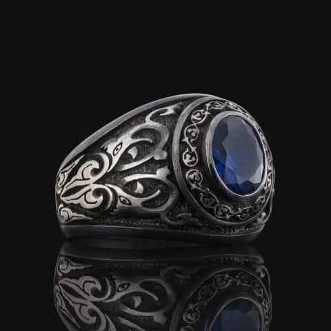 Safir Taşlı Gümüş Motifli Erkek Yüzük, Safir Taşlı Erkek Yüzük