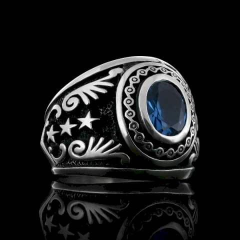 Safir Taşlı Motifli 925 Ayar Taşlı Erkek Gümüş Yüzük