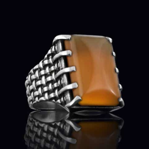 Sarı Akik Taşlı Özel Tasarım Gümüş Erkek Yüzük, Sarı Akik Taşlı Yüzük