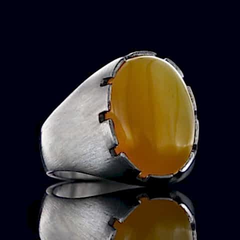 Sarı Akik Yüzük, Sade Modern Tasarım Doğal Sarı Akik Gümüş Yüzük