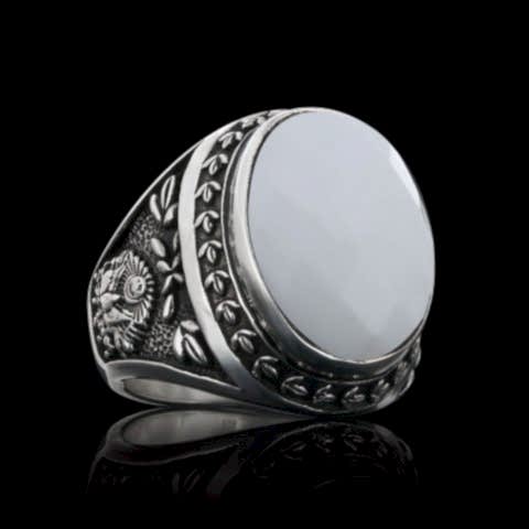 Sedef Taşlı Gümüş Erkek Yüzük, Osmanlı Tuğralı Devlet Armalı Gümüş Yüzük
