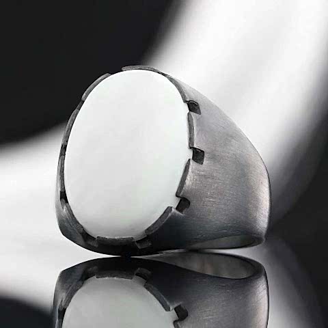 Sedef Taşlı Oval Erkek Yüzük, Sade Modern Tasarım Doğal Sedef Taşlı Gümüş Yüzük