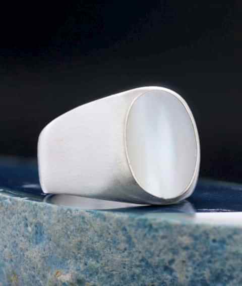 Sedef Taşlı Özel Tasarım Oval Erkek Yüzük, Sedef Taşlı Gümüş Yüzük, Sade Sedef Taşlı Yüzük