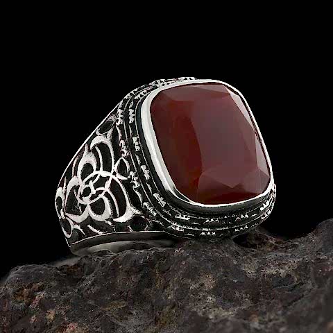 Tasarım Kırmızı Akik Taşlı Gümüş Yüzük, 925 Ayar Gümüş Erkek Kırmızı Akik Taşlı Yüzük