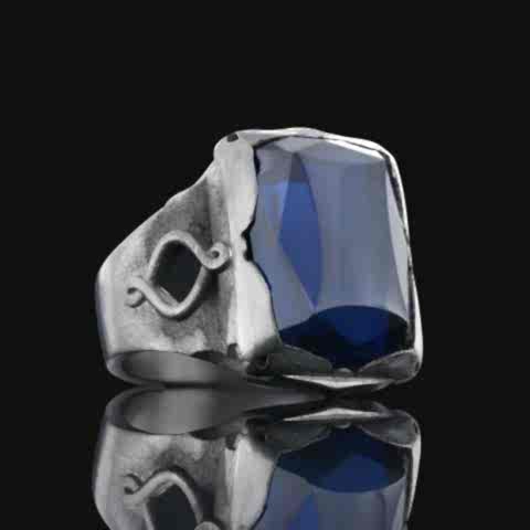 Safir Taşlı Özel Tasarım Motifli Gümüş Erkek Yüzük, Erkek Safir Gümüş Yüzük